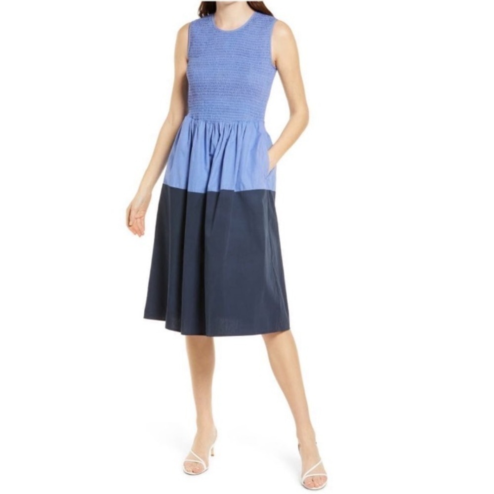 French Connection NWT Rhodes ColorBlock Smocked Poplin Dress Bay Blue Nocturnal